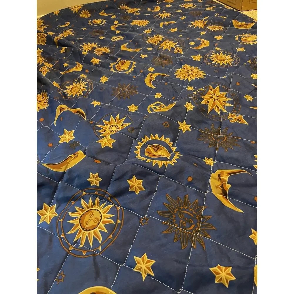 Vintage Throw Blanket Blue Sun Moon Star Celestial 78x51 Quilted Whimsigoth READ
